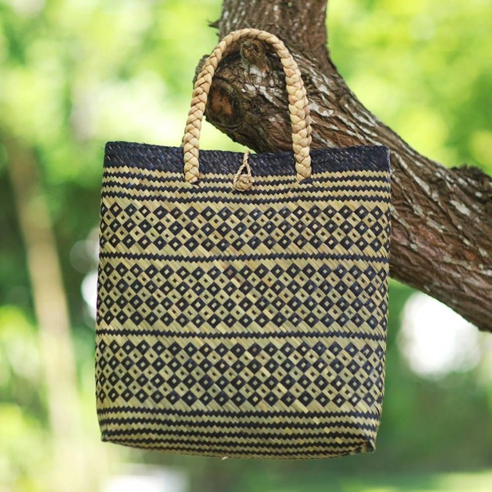 Woven Natural Fiber Tote Bag from Bali 'Night Aura'