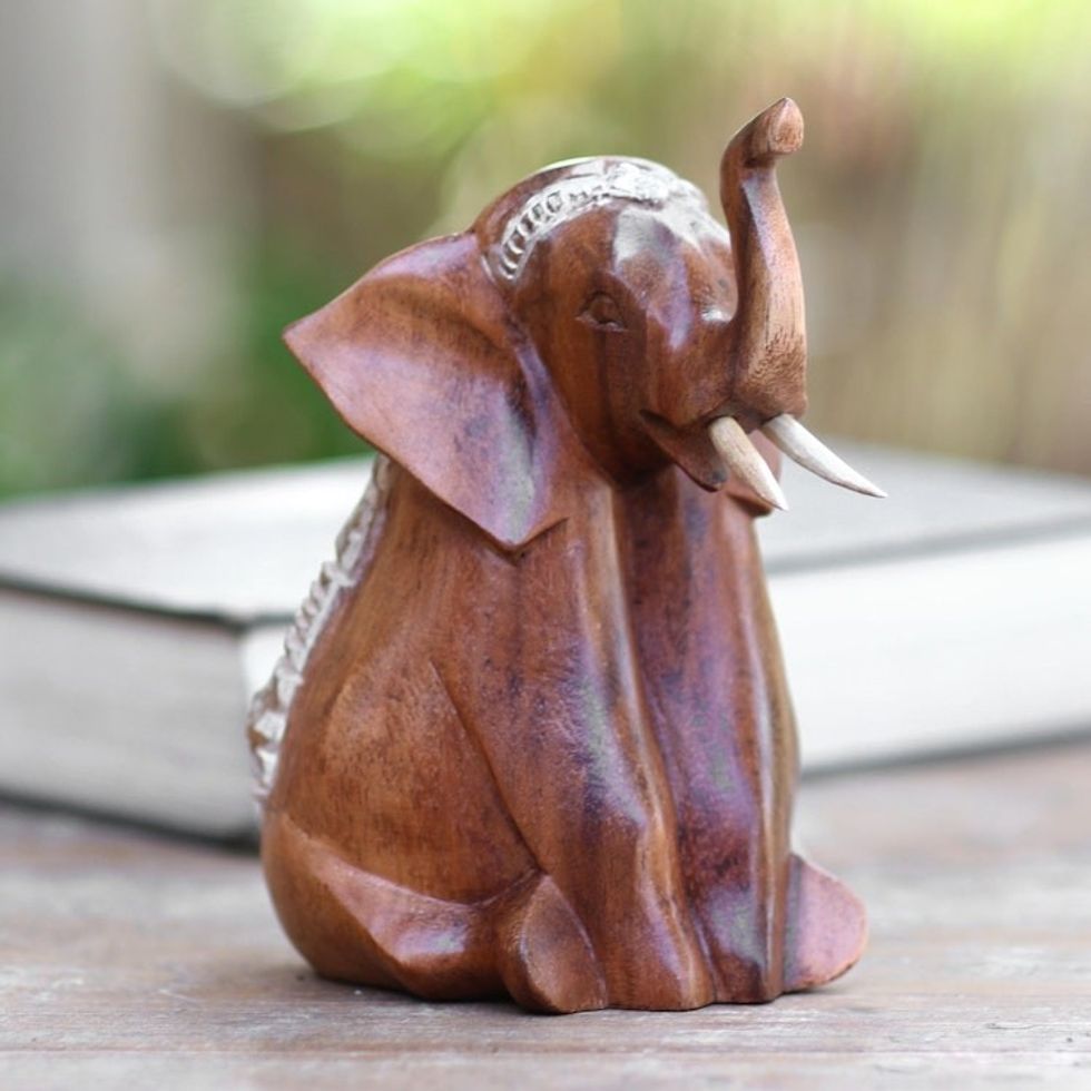 Seated Elephant Hand Carved Wood Sculpture 'Sitting Elephant'