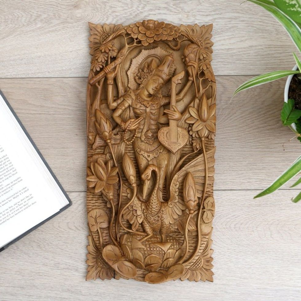 Hand Crafted Suar Wood Relief Panel 'Dewi Saraswati'