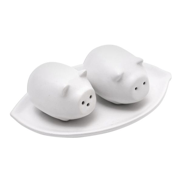 Alternate image for Matte White Ceramic Pig Salt and Pepper Shakers with Tray Portly Pigs in White
