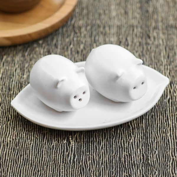 Alternate image for Matte White Ceramic Pig Salt and Pepper Shakers with Tray Portly Pigs in White