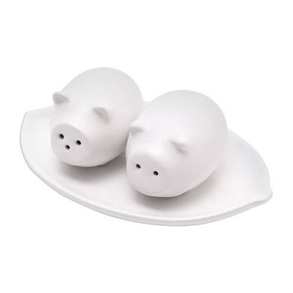 Alternate image for Matte White Ceramic Pig Salt and Pepper Shakers with Tray Portly Pigs in White