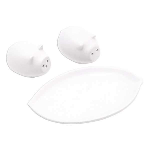 Alternate image for Matte White Ceramic Pig Salt and Pepper Shakers with Tray Portly Pigs in White