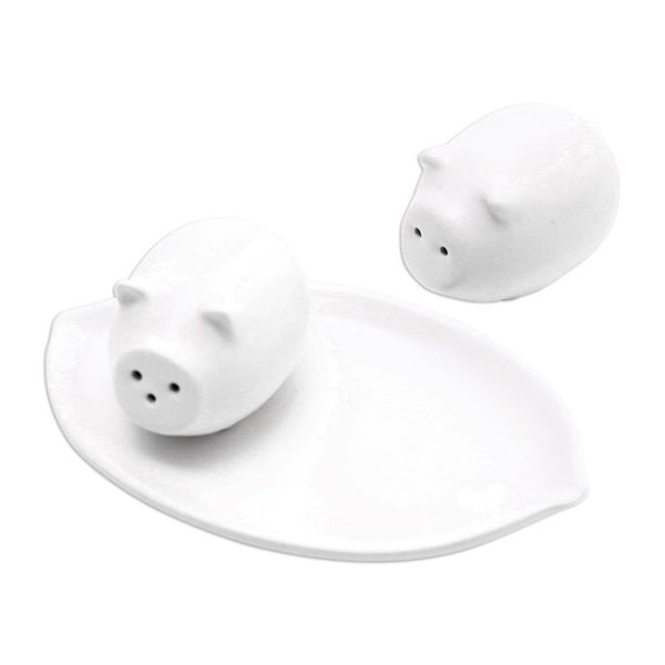 Alternate image for Matte White Ceramic Pig Salt and Pepper Shakers with Tray Portly Pigs in White