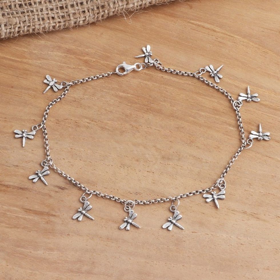 Sterling Silver Dragonfly Charm Ankle Bracelet 'Dazzling Dragonflies'