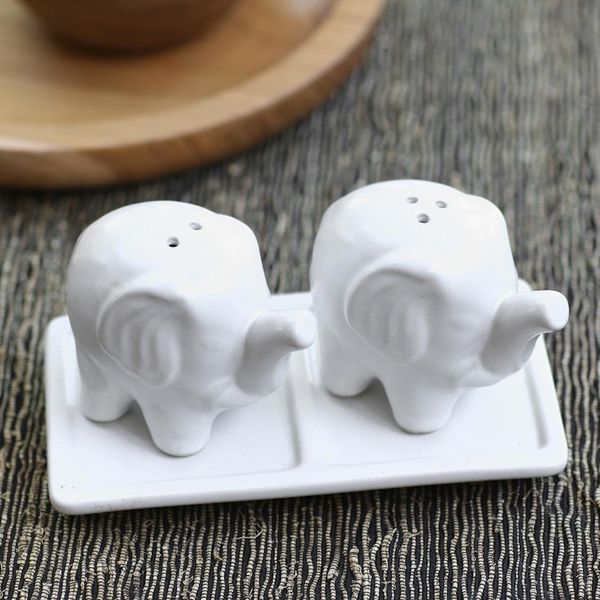 Alternate image for Matte White Ceramic Elephant Salt and Pepper Set with Tray Eager Elephants in White