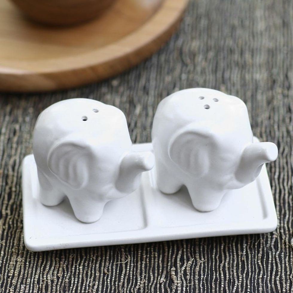 Matte White Ceramic Elephant Salt and Pepper Set with Tray 'Eager Elephants in White'
