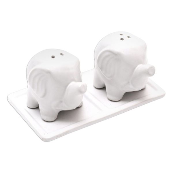 Alternate image for Matte White Ceramic Elephant Salt and Pepper Set with Tray Eager Elephants in White