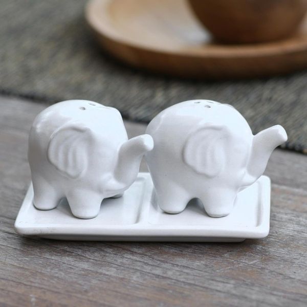 Alternate image for Matte White Ceramic Elephant Salt and Pepper Set with Tray Eager Elephants in White