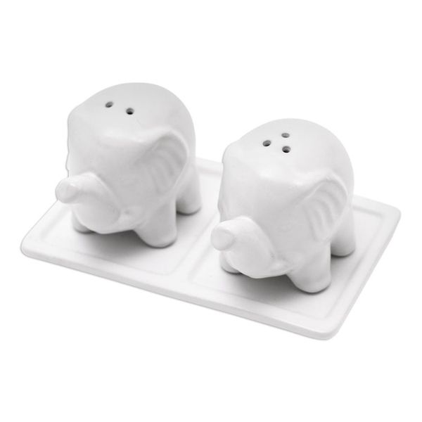 Alternate image for Matte White Ceramic Elephant Salt and Pepper Set with Tray Eager Elephants in White