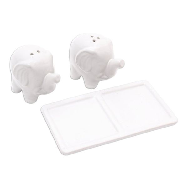 Alternate image for Matte White Ceramic Elephant Salt and Pepper Set with Tray Eager Elephants in White