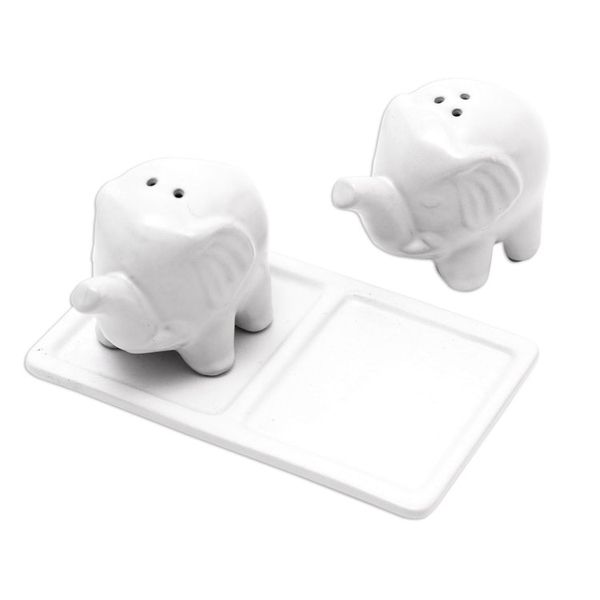 Alternate image for Matte White Ceramic Elephant Salt and Pepper Set with Tray Eager Elephants in White