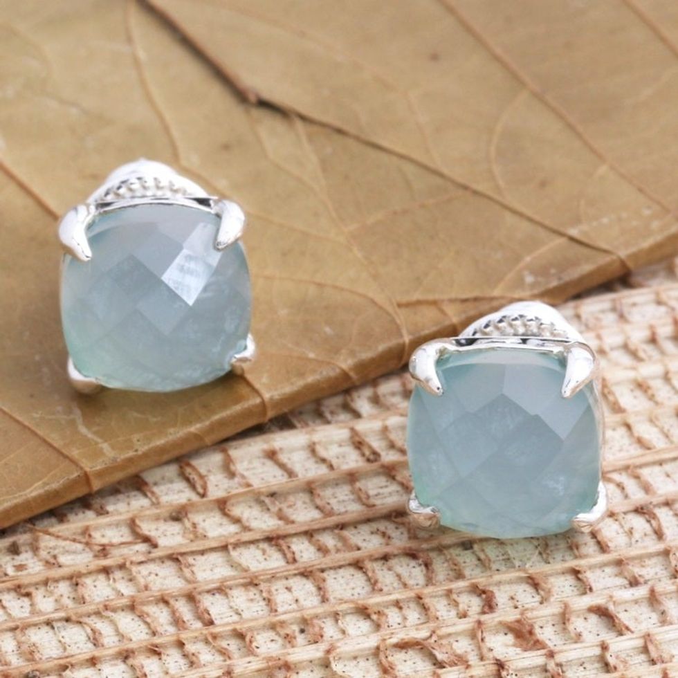 Checkerboard Faceted Chalcedony Stud Earrings 'Dressed for Dinner in Aqua'