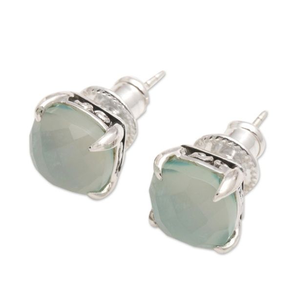 Alternate image for Checkerboard Faceted Chalcedony Stud Earrings Dressed for Dinner in Aqua
