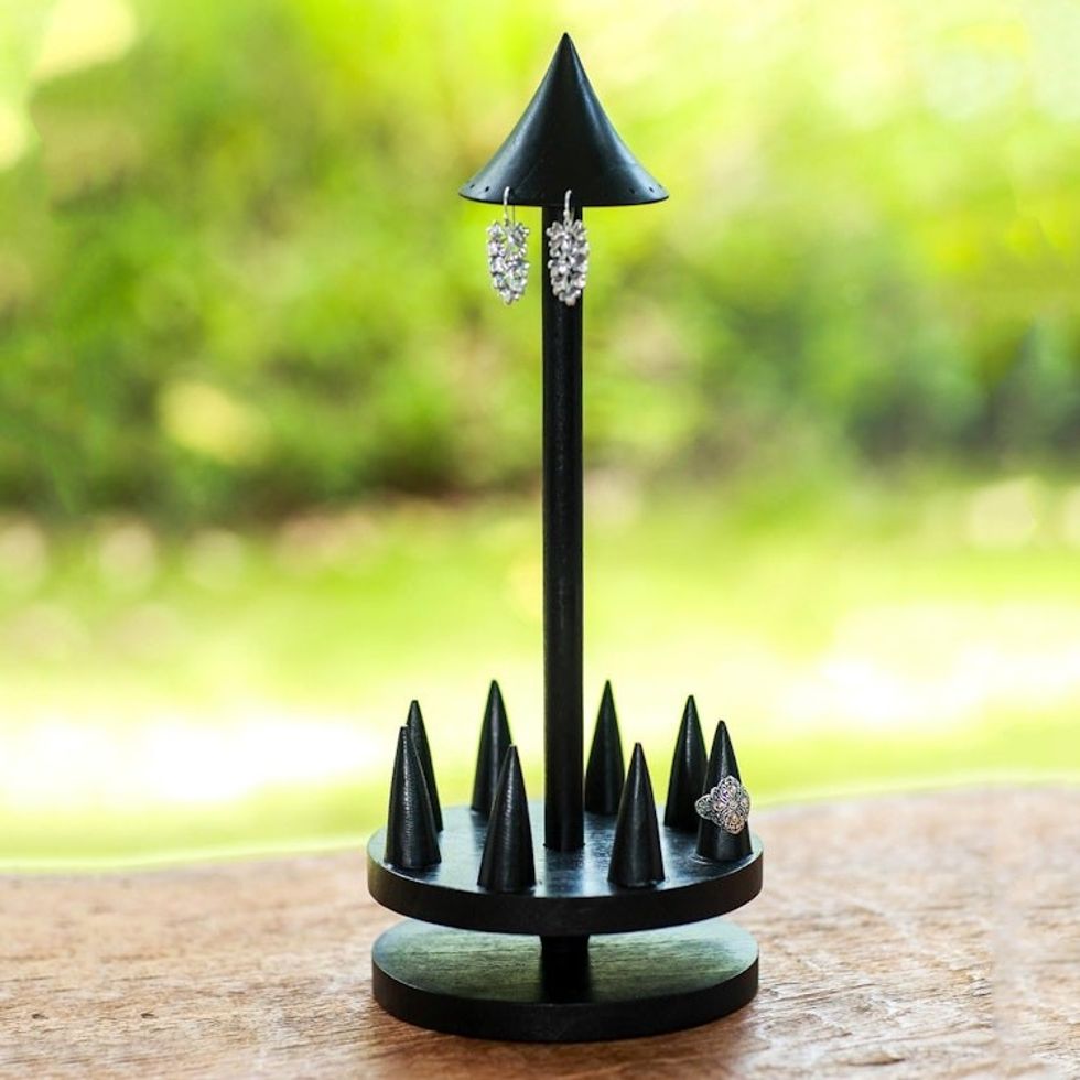 Artisan Crafted Jempinis Wood Jewelry Holder 'Black Umbrella'