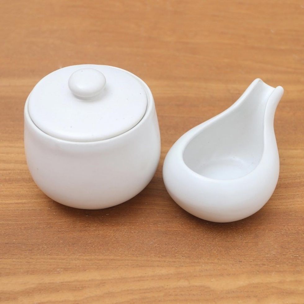 White Ceramic Cream and Sugar Set Pair 'Coffee Time in White'