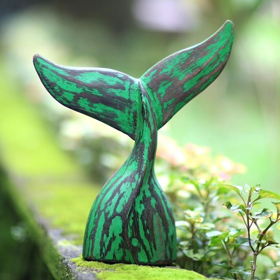 Green Albesia Wood Whale Tale Statuette 'Whale Tale in Green'