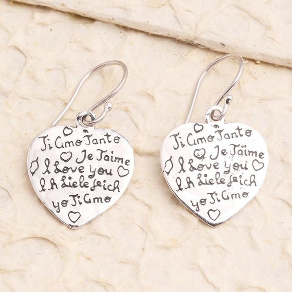 Alternate image for Hand Made Sterling Silver Heart Dangle Earrings Ti Amo
