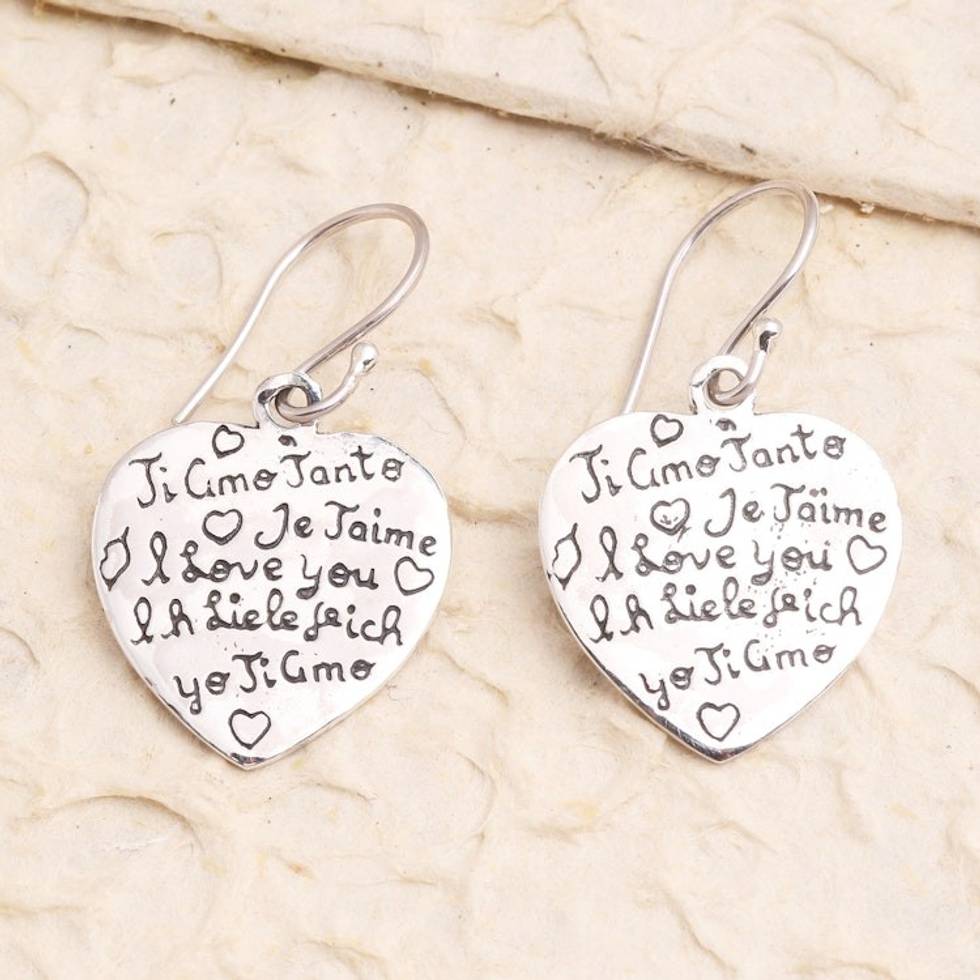 Hand Made Sterling Silver Heart Dangle Earrings 'Ti Amo'