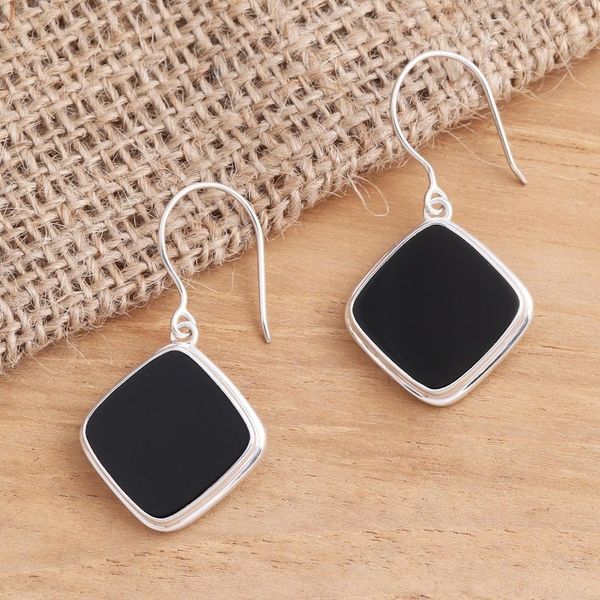 Alternate image for Square Bezel Set Black Onyx Dangle Earrings Black Squares