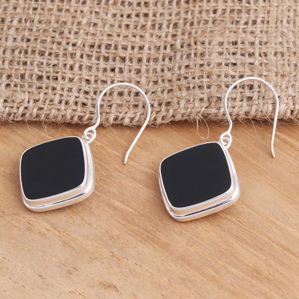 Alternate image for Square Bezel Set Black Onyx Dangle Earrings Black Squares