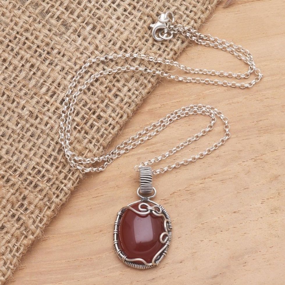 Carnelian and Sterling Silver Pendant Necklace 'Dark Fruit'