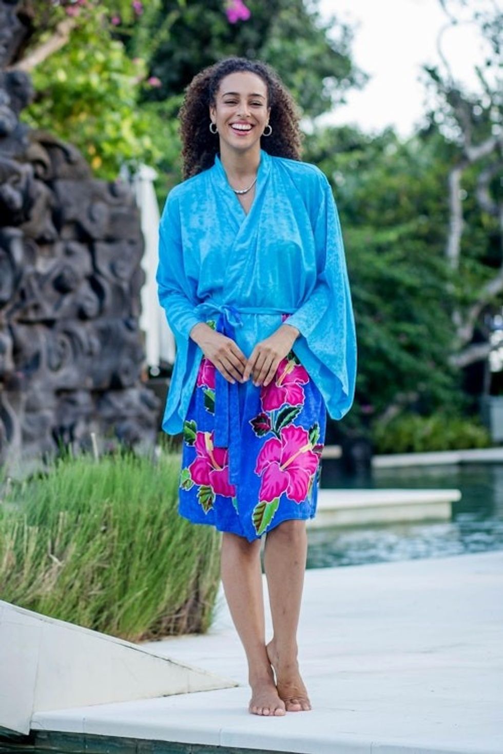 Hand-Painted Blue Rayon Robe from Bali 'Sky Lotus'