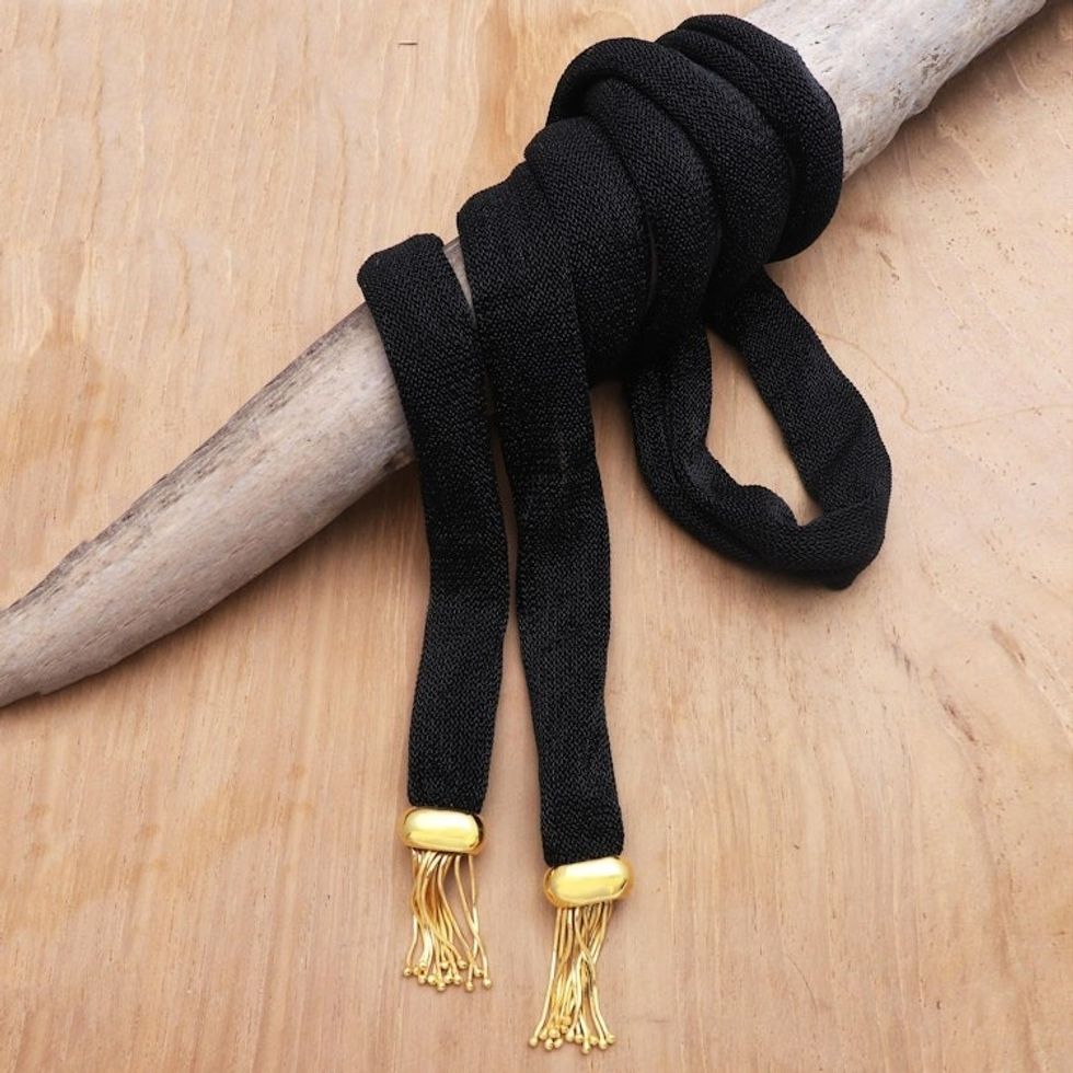 Hand Crafted Gold-Accented Brass and Mesh Wrap Necklace 'Shadow Power'