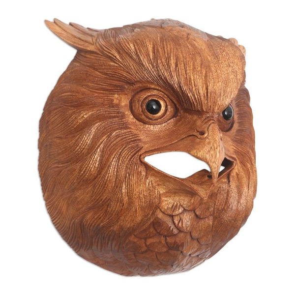 Alternate image for Hand Carved Native Suar Wood Owl Head Wall Decor Owl Eyes