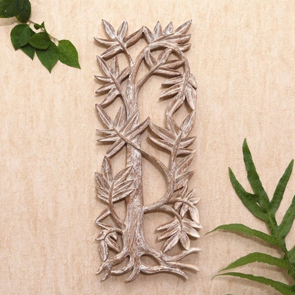 Hand Carved Suar Wood Leaf-Motif Relief Panel 'Growing Bamboo'