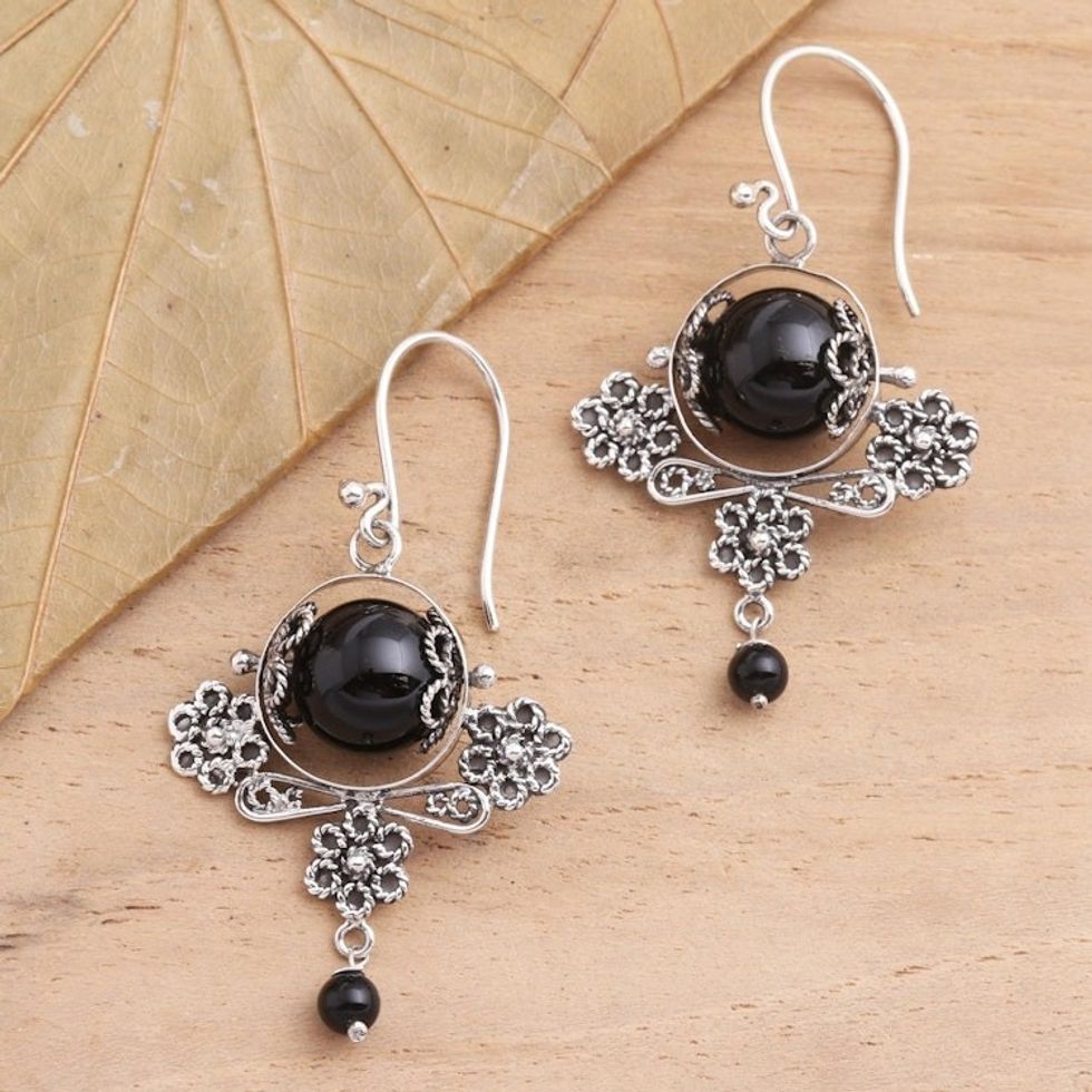 Hand Made Sterling Silver Onyx Bead Dangle Earrings 'Lost Shadow'