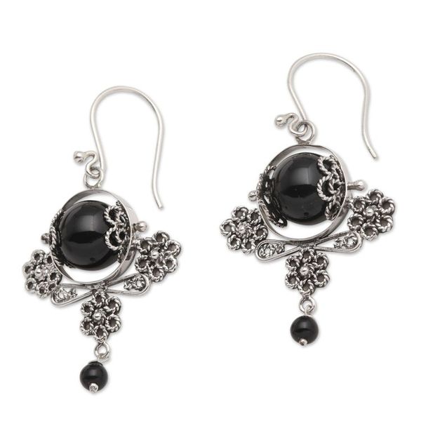 Alternate image for Hand Made Sterling Silver Onyx Bead Dangle Earrings Lost Shadow