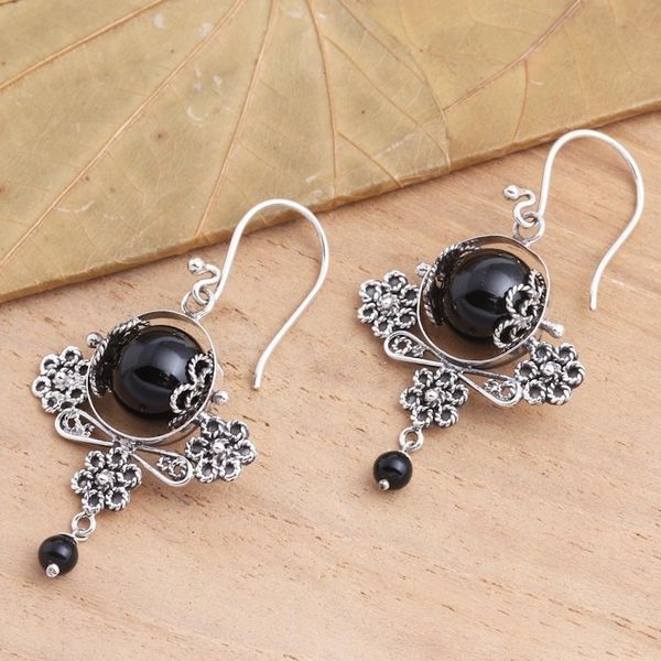 Alternate image for Hand Made Sterling Silver Onyx Bead Dangle Earrings Lost Shadow