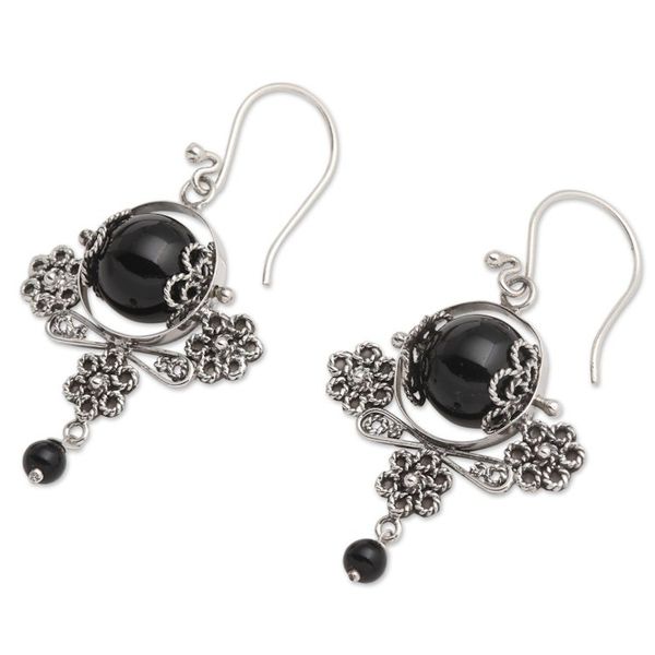 Alternate image for Hand Made Sterling Silver Onyx Bead Dangle Earrings Lost Shadow