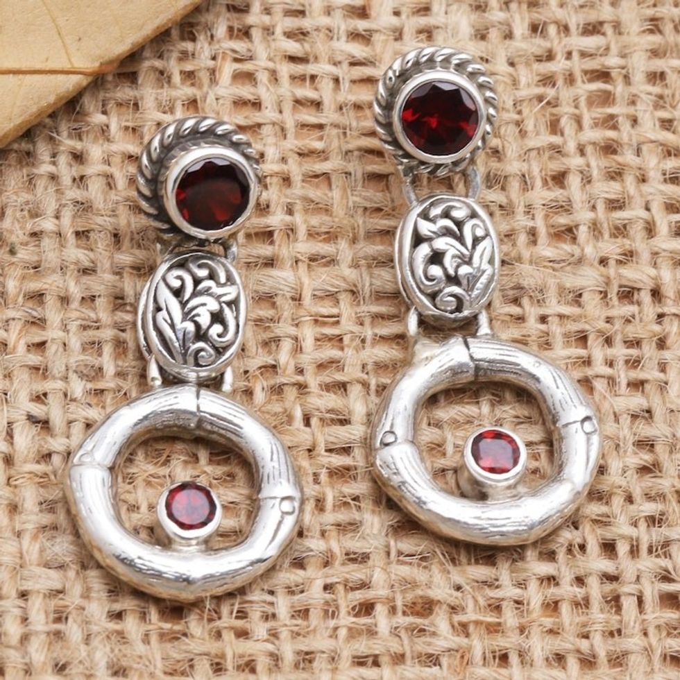 Sterling Silver and Garnet Javanese Dangle Earrings 'Red Bamboo'