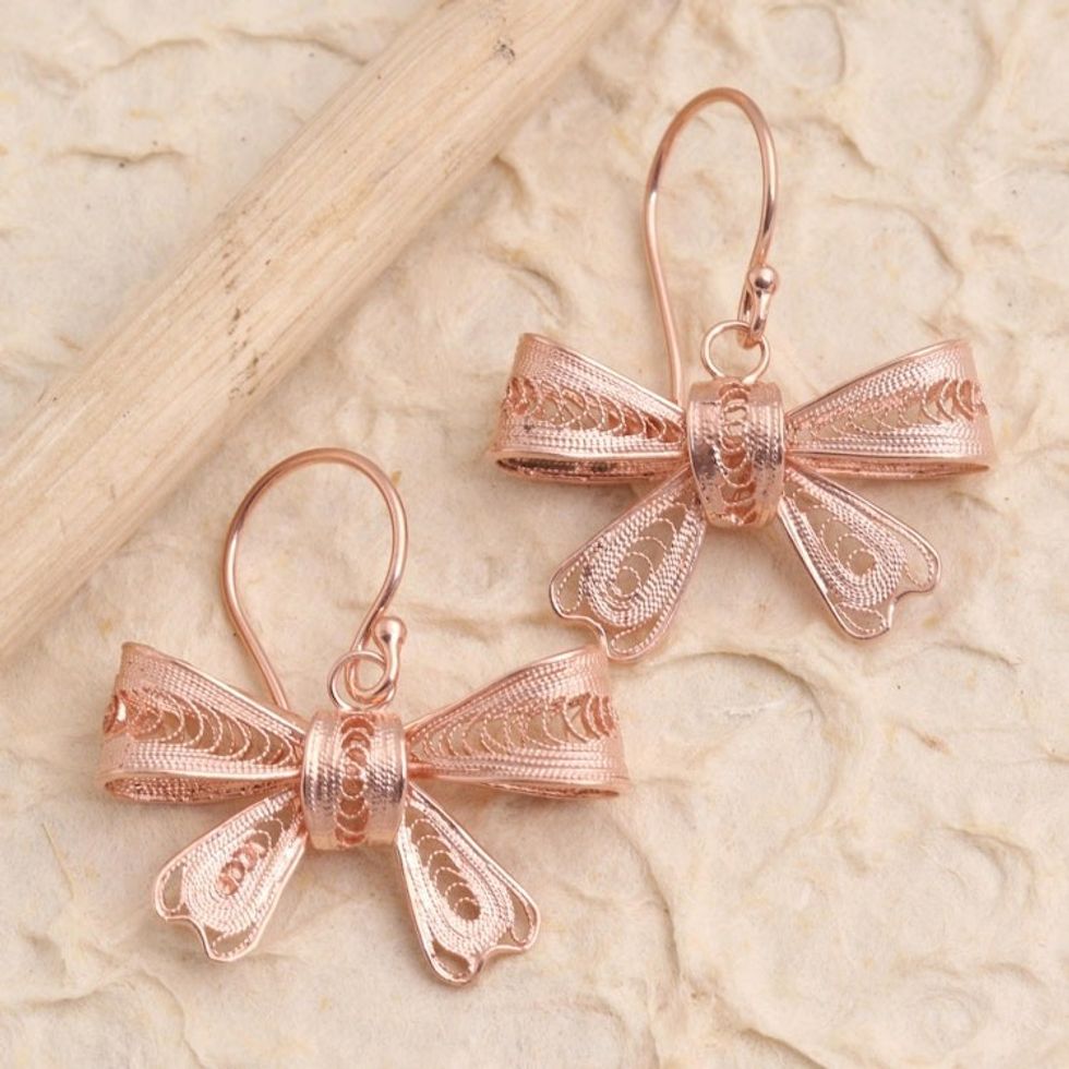 Hand Crafted Rose Gold Plated Dangle Earrings 'Lovely Ribbon'