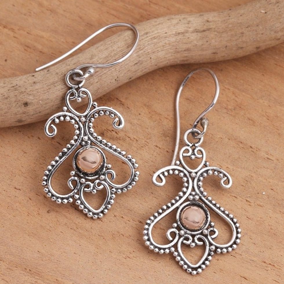 Balinese Motif Sterling Silver Gold Plate Dangle Earrings 'Tendrils at Dawn'