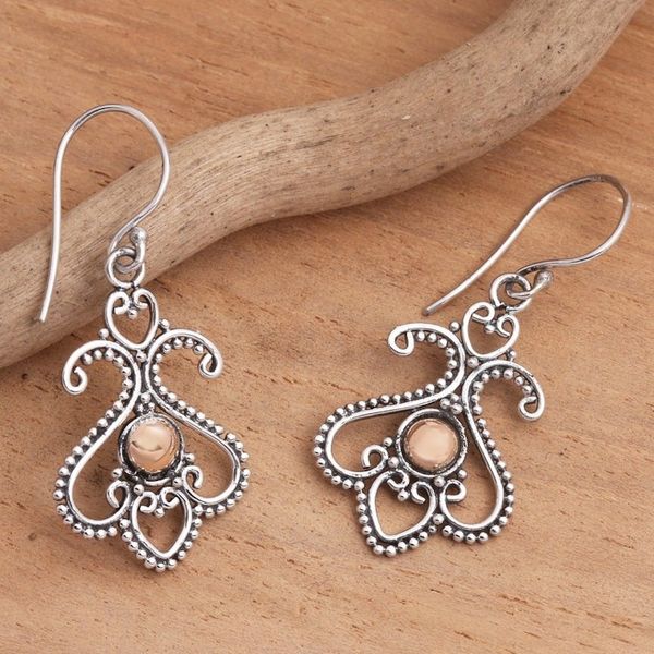 Alternate image for Balinese Motif Sterling Silver Gold Plate Dangle Earrings Tendrils at Dawn