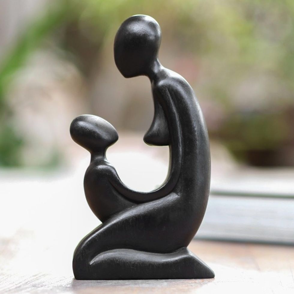 Hand Carved Suar Wood Statuette 'Gazing Mother'