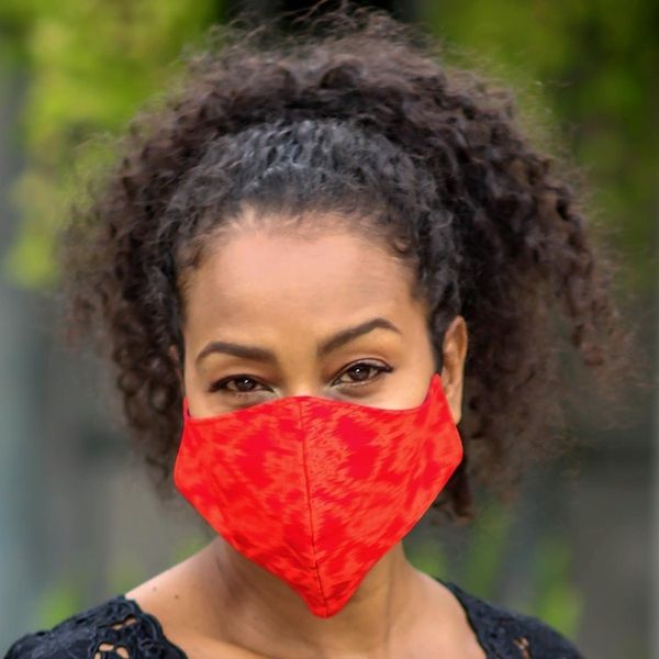 Alternate image for 4 Handwoven Red Orange 2-Layer Cotton Ikat Masks 2 Sizes Ikat Radiance