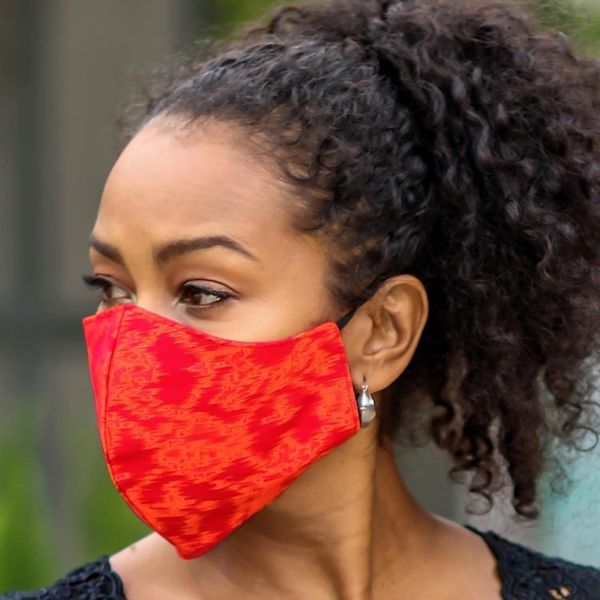 Alternate image for 4 Handwoven Red Orange 2-Layer Cotton Ikat Masks 2 Sizes Ikat Radiance