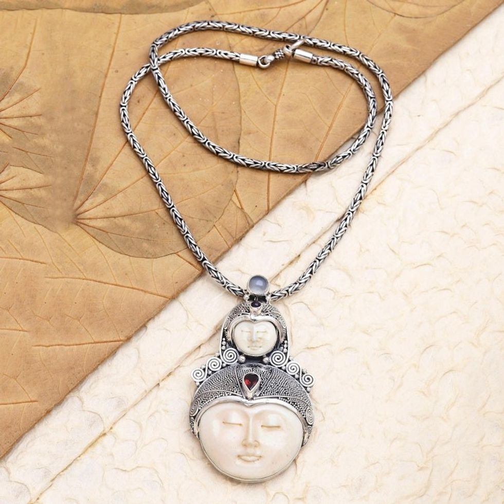 Garnet and Rainbow Moonstone Pendant Necklace 'Mother Moon'