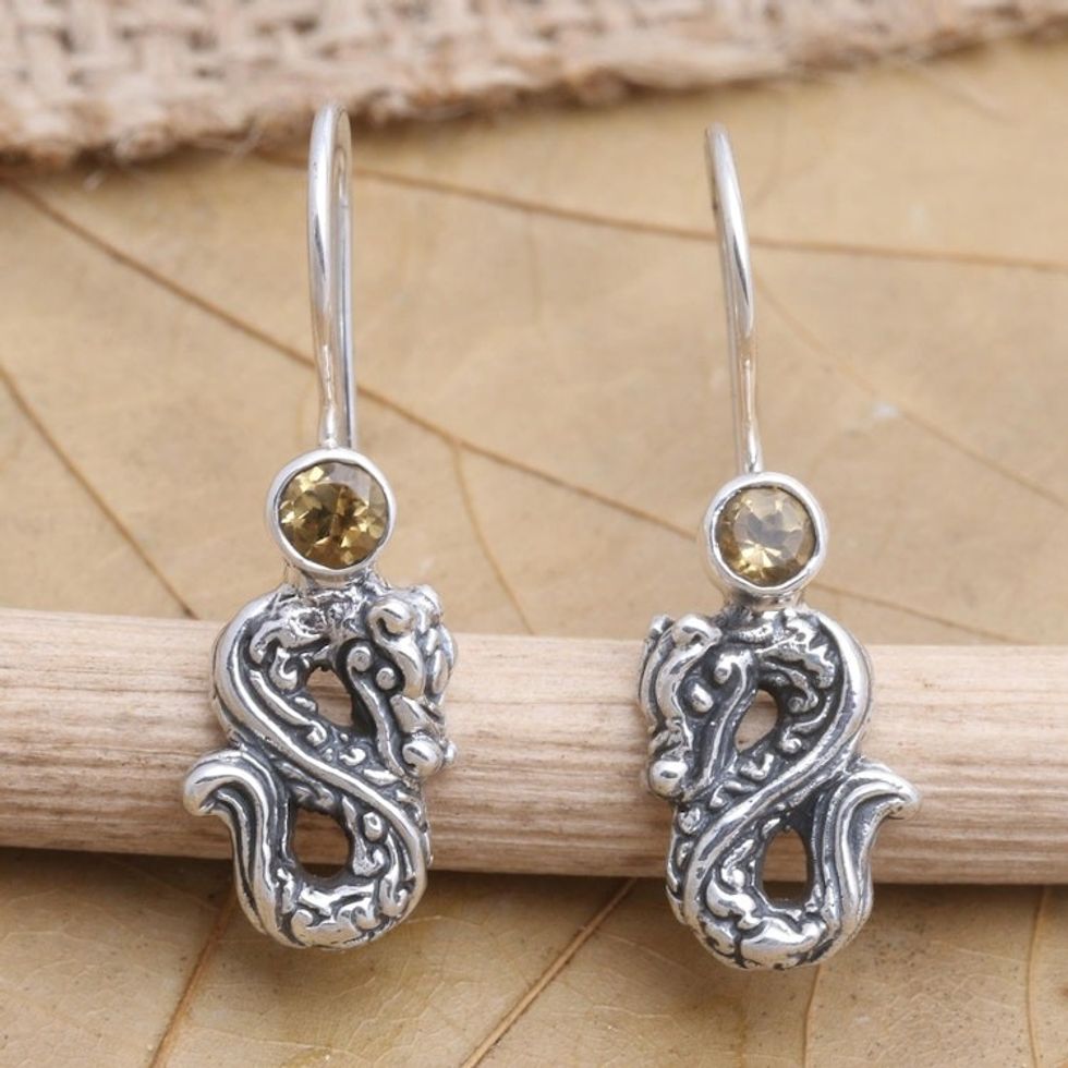 Citrine Dragon-Motif Dangle Earrings 'Yellow Dragon'