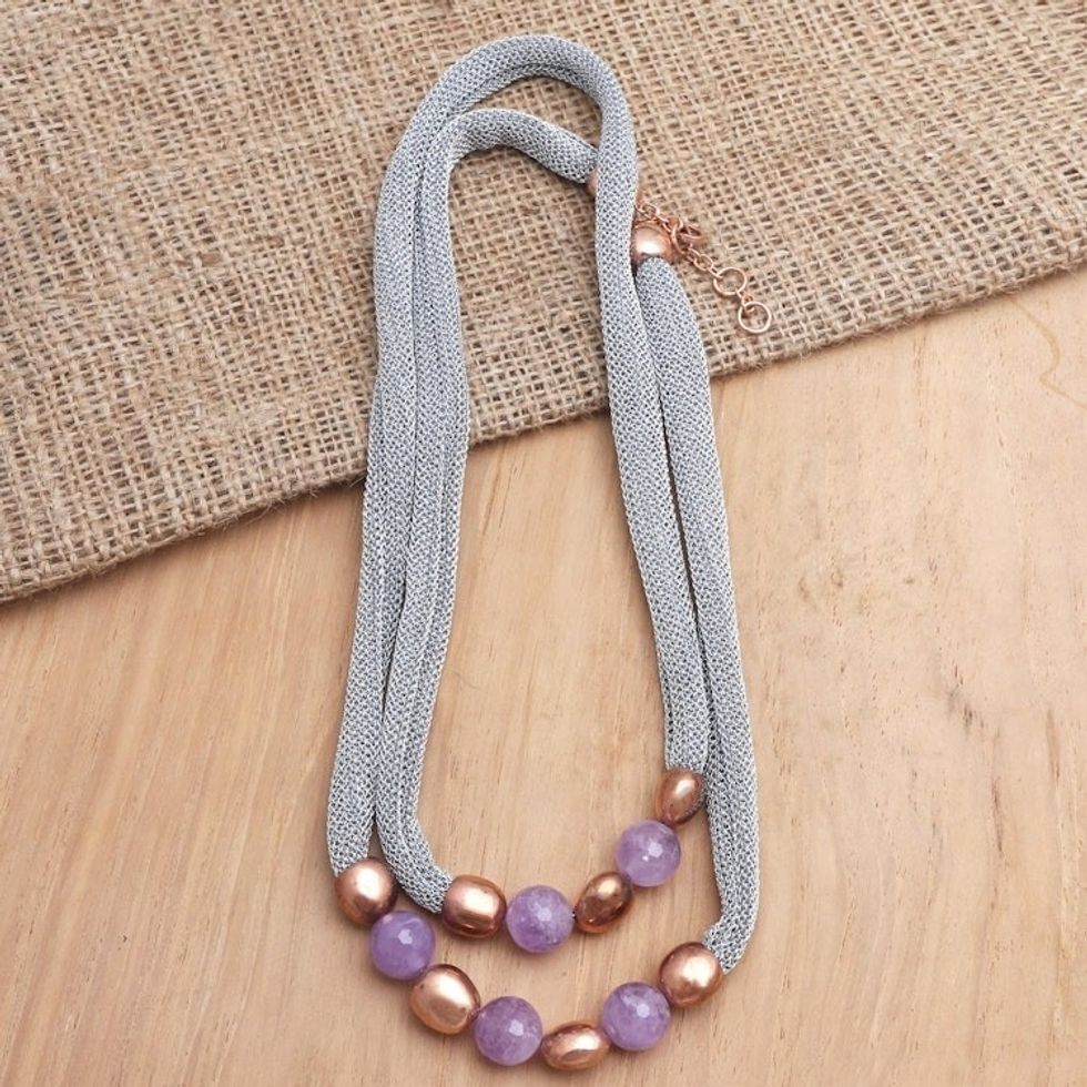 Handmade Rose Gold-Accented Amethyst Beaded Necklace 'Gold and Lavender'