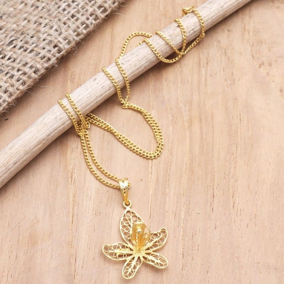 Gold-Plated Floral Filigree Pendant Necklace 'Azalea Flower'