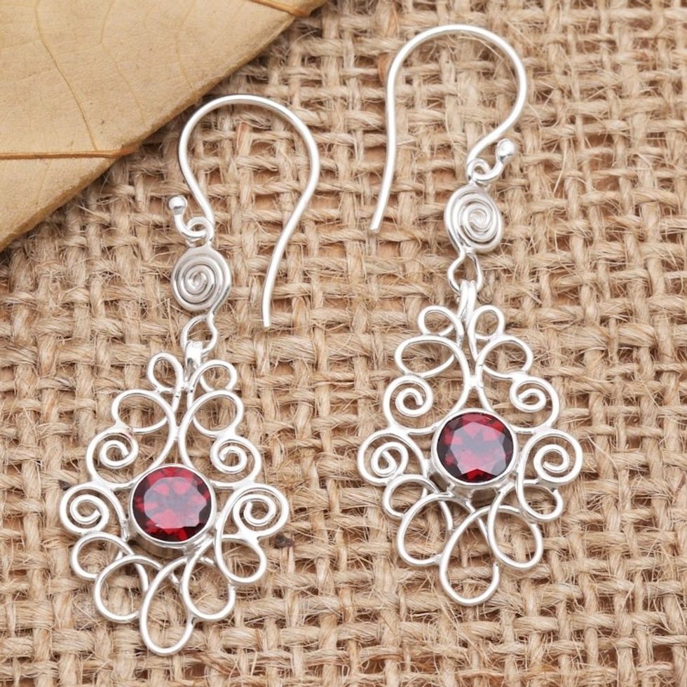 Garnet and Sterling Silver Dangle Earrings 'Moringa Leaves in Red'