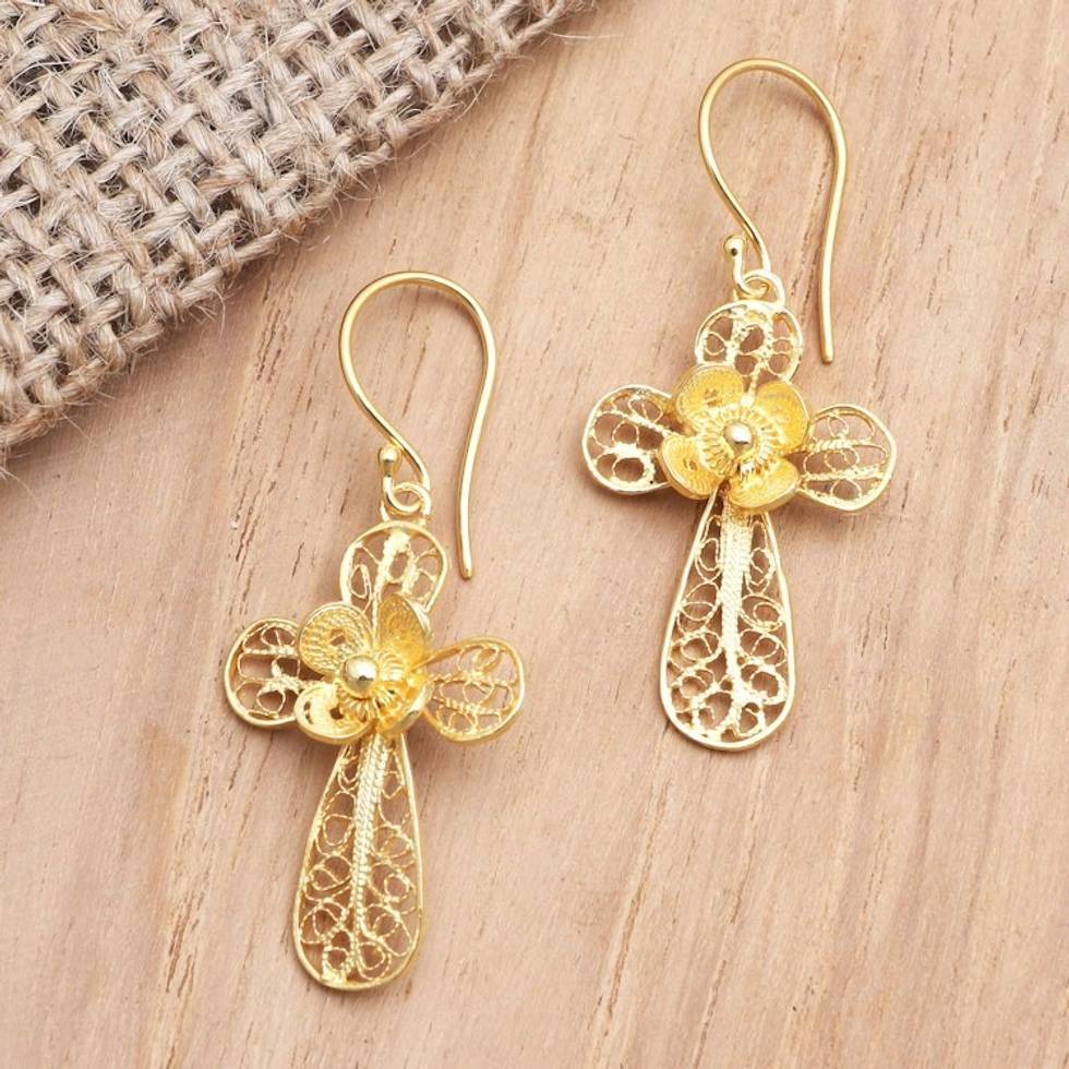 Gold-Plated Cross-Motif Dangle Earrings 'Garden Cross'