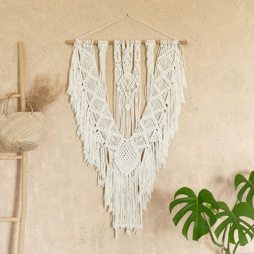 Natural Cotton Macrame Wall Hanging from Bali 'Arrowhead'