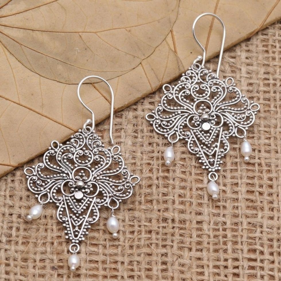 Sterling Silver and Cultured Pearl Dangle Earrings 'Abstract Sea'