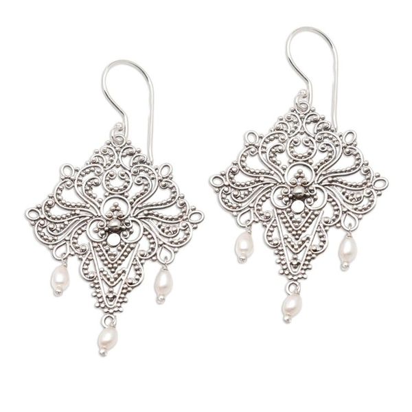 Alternate image for Sterling Silver and Cultured Pearl Dangle Earrings Abstract Sea